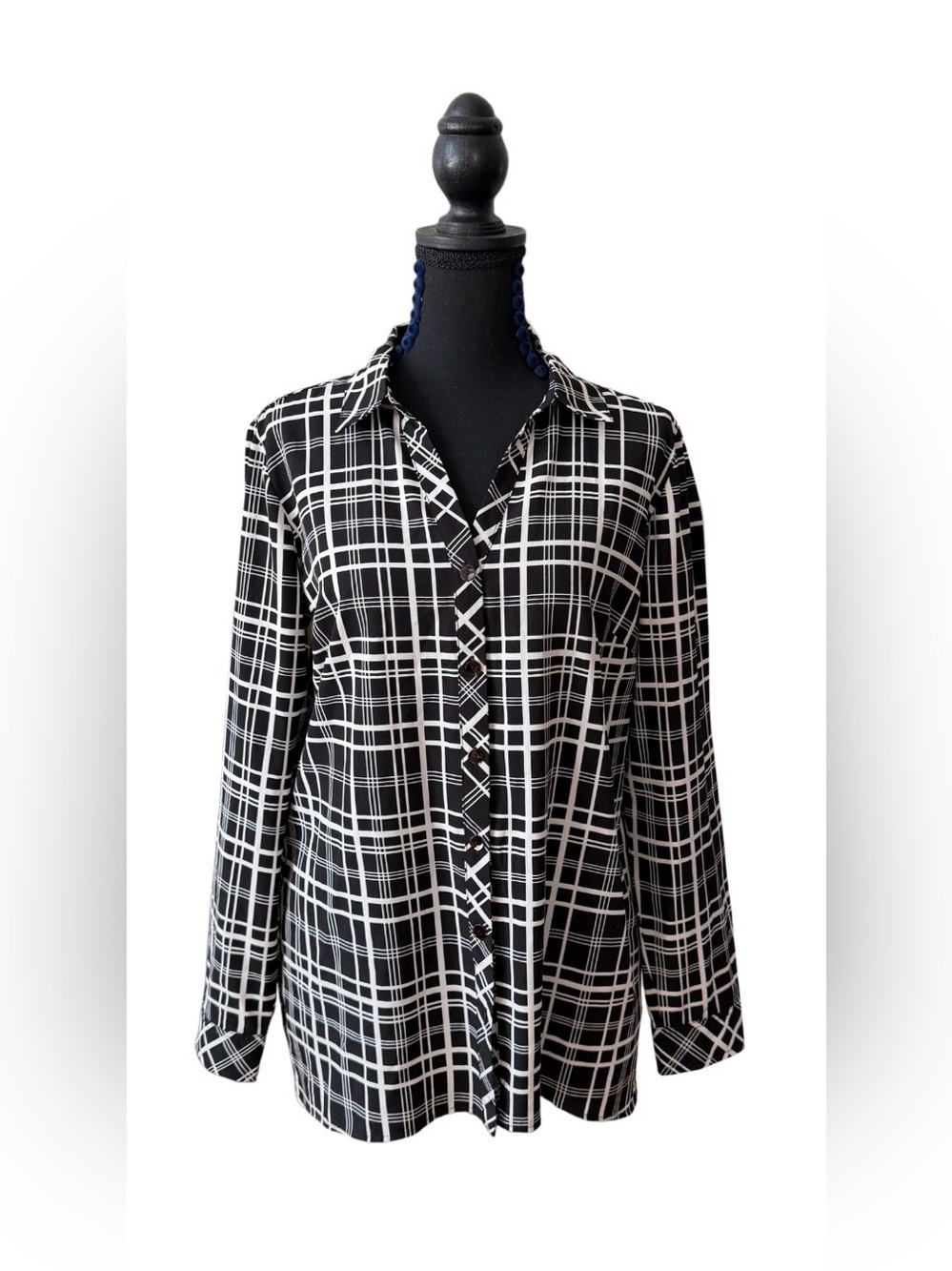 Susan Graver Black and White Plaid Relaxed Button-Down Shirt with Pockets
